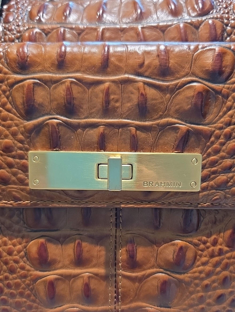 Brahmin Malia Croc-Embossed Brown Leather Satchel with Gold Hardware - Picture 3 of 10